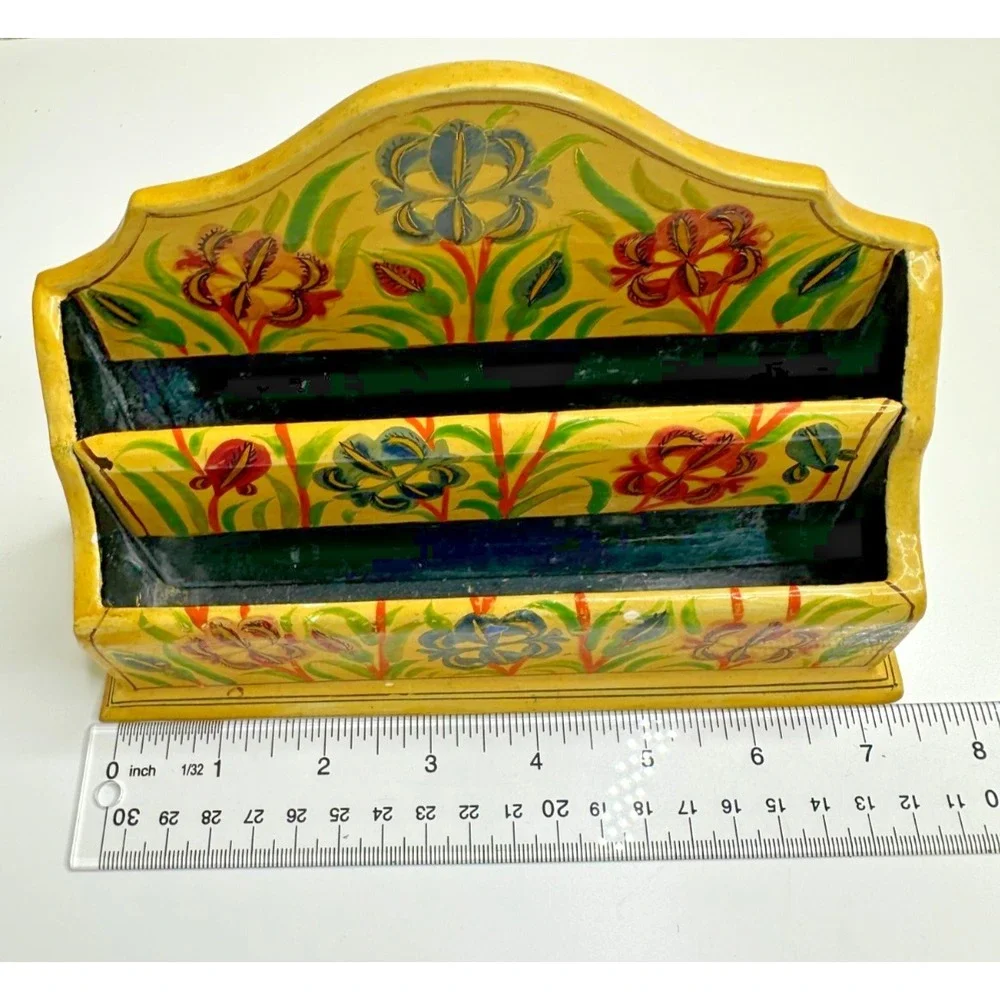 Desktop Letter Holder Yellow Painted Floral Organizer Paper Mache
